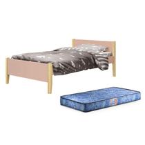 Cama Solteiro Simba Rosa Fosco com Pés Madeira Natural e Colchão D20 - Reller Móveis Cama Solteiro Simba Rosa Fosco com Pés Madeira Natural e Colchão D20 - Reller Móveis