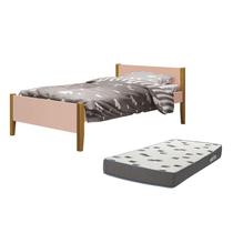 Cama Solteiro Simba Rosa Fosco Pés Amadeirado com Colchão D33 - Reller Móveis Cama Solteiro Simba Rosa Fosco Pés Amadeirado com Colchão D33 - Reller Móveis