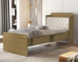cama solteiro tamires com capitone estofado duas gavetas prateleiras e bau para quarto