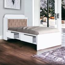Cama Tamires Branco com Capitonê Bege e Colchão