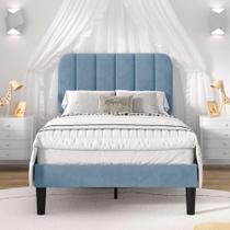 Cama VECELO Twin Size, estofada em veludo, plataforma azul celeste