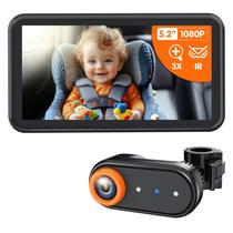 Câmera de carro de bebê LUCKVIEW BM2A zoom 3X para ver o bebê com clareza, tela 1080P de 5,2 polegadas e visão noturna infravermelha automática, monitor retrovisor, fácil instalação para pais e donos de animais de estimação