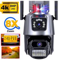 Câmera de Segurança 2 lentes WiFi 8X Zoom HD 4K Alarme Detecção Humana e Reconhecimento de movimento Visão Noturna Sirene Integrada Áudio Bidirecional