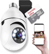 Câmera de Segurança Ip 360 Wifi Com Cartão de Memória 32gb, Giratória, Visão Noturna, Pet, MicroSD