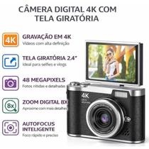 Câmera Digital 4K 48MP com Tela Giratória Zoom 8X Ideal para Criar Conteúdos e Selfies : PRETA