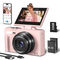 Câmera Digital 4K para Fotografia, Câmera de Vlog 64MP para YouTube com Tela Flip de 3" 180, Câmera Compacta WiFi com Zoom Digital 18X, Acompanha Cartão Micro SD de 32GB e 2 Baterias, Rosa