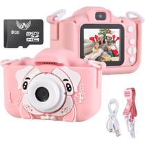 Câmera Digital Cartão de Memoria 8GB Rosa Infantil Efeitos Foto Voz Recarregável Capa Proteção Jogos