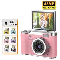 Câmera digital com zoom 4K 8x, adequada para fotografia estudantil, compacta de 48MP, tela flip selfie de 180