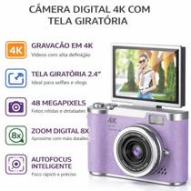 Câmera Digital Compacta 4K com Tela Giratória Zoom 8X e Bateria de Alta Capacidade : ROXO