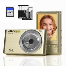 Câmera digital Gold 2024 FHD 4K 44 MP com cartão SD de 64 GB Zoom digital 16X As mais novas câmeras 1080P simples e baratas de apontar e disparar compactas para estudantes, adolescentes, meninos e idosos, presentes infantis