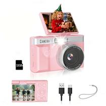 Câmera digital infantil HOFAOUG com tela giratória de 180 e 32 GB, rosa