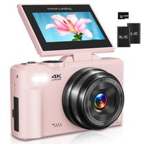 Câmera digital para fotografia, câmera de vlog 4K para YouTube, tela flip de 180, zoom digital de 18X, câmeras compactas com cartão TF de 32 GB e 2 baterias, rosa