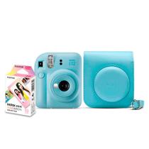 Câmera fujifilm instax mini 12 azul + bolsa + filme macaron