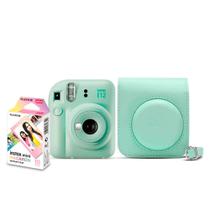 Câmera fujifilm instax mini 12 verde + bolsa + filme macaron