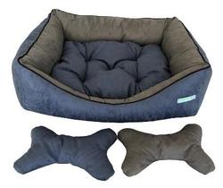 Caminha pet luxo com travesseiro e almofada dupla face, suede azul com cinza
