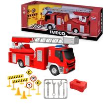 Caminhão Bombeiros Infantil Escada Maleta Ferramentas Kit Placas e Cones Brinquedo Educativo Criança Coleção Carrinho