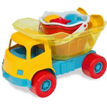 Caminhão brinquedo com baldinho de praia pazinha rastelo peneira verão infantil