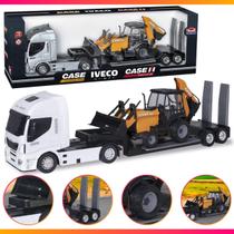 Caminhão Brinquedo Iveco Plataforma c/ Retroescavadeira Case Brinquedo Menino