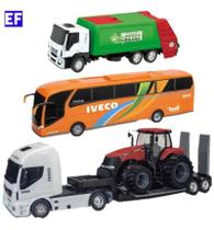 Caminhão Brinquedo Plataforma C/ Trator + Onibus Iveco +lixo - Usual Brinquedos