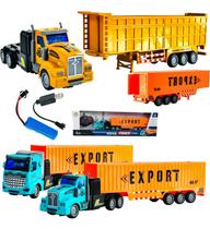 Caminhão Carreta Controle Remoto 7 Funções Container Brinquedo Luz de Led Verde e Laranja Escala 1:48