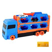 Caminhao Cegonha Transport com 2 Carrinhos Miniatura DM Toys Vira Pista e Ejeta os Carros Brinquedo