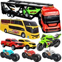 Caminhão Cegonheiro 10 Pçs Ônibus Motinha Carrinho de Brinquedo Infantil