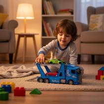 Caminhão Cegonheiro Grande Azul com 3 Carrinhos de Brinquedo Infantil Resistente e Realista Caminhão Cegonheiro Grande Azul com 3 Carrinhos de Brinquedo Infantil Resistente e Realista