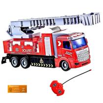 Caminhao Controle Remoto Bombeiro 4 Funcoes a Pilha DM Toys Luz na Cabine Escada Magirus Brinquedo