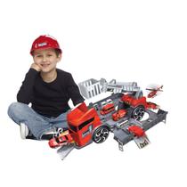 Caminhão de Bombeiro com Garagem Pista Speedster Brincadeira Animada Kit 1 Helicóptero e 3 Carrinhos