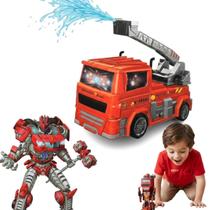 Caminhão de Bombeiro Transformável em Robô Brinquedo Infantil com Luzes, Sons e Jato de Água Fire Rescue Team