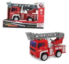 Caminhão de Bombeiros Com Fricção Luz e Som - Escada Giratória e Extensiva - Fan Fun Caminhão de Bombeiros Com Fricção Luz e Som - Escada Giratória e Extensiva - Fan Fun