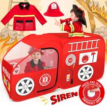 Caminhão de bombeiros Play Tent W&O com botão de sirene, chapéu e jaqueta Caminhão de bombeiros Play Tent W&O com botão de sirene, chapéu e jaqueta