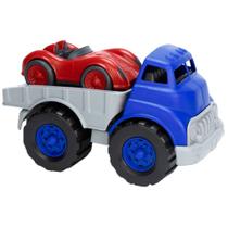 Caminhão de brinquedo de cama plana com carro de corrida Green Toys azul/cinza e vermelho