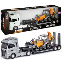Caminhão de brinquedo Iveco Plataforma + Trator Retro Escavadeira