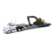 Caminhão de brinquedo New-Ray Kenworth W900 Lowboy Trailer com escavadeira