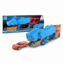 Caminhão de Carrinhos Pista Tubarão Dobrável 2 em 1 Carrinho Esportivo Transportador Rampa Corrida 37cm Menino Predador