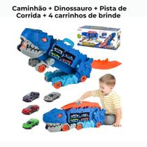 Caminhão de Dinossauro Trex Grande com pista e carrinhos de corrida veículos de brinquedo infantil e diversão