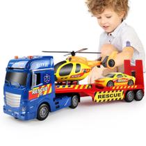 Caminhão de reboque de brinquedo Dwi Dowellin 25,6 cm com carro de corrida e helicóptero