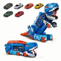 Caminhão Dinossauro Com Pista Maleta 4 Carrinhos Azul