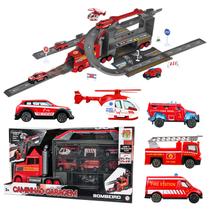 Caminhão Garagem Bombeiro 3 Em 1 Maleta Pista Infantil Com 5 Mini Veículos De Resgate