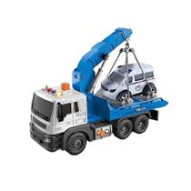 Caminhão Guincho Fricção com Veículo - TruckCar Luz e Som - Azul - 27cm - 1:16 - Yes Toys