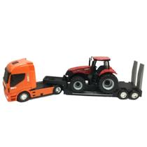 Caminhão Plataforma Iveco Hi-Way Com Trator Case 340 - Brinquedo Infantil De Transporte De Máquinas - Usual