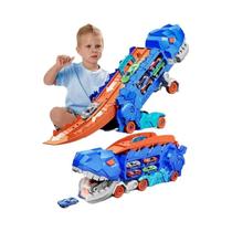 Caminhão Transportador De Dinossauros Dobrável De 25 Polegadas Com Pista De Corrida E 4 Carros De