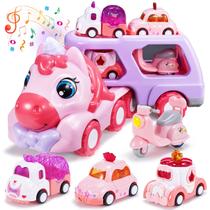 Caminhão transportador Toy WethCorp Unicorn com 4 carros Princess Cars de 1 a 3 anos para meninas Caminhão transportador Toy WethCorp Unicorn com 4 carros Princess Cars de 1 a 3 anos para meninas
