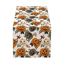 Caminho De Mesa De Halloween Preto Com Design De Abóbora Assustadora E Fantasma, Texto Branco 'Boo', Caminho De Mesa De Halloween Preto Com Design De Abóbora Assustadora E Fantasma, Texto Branco 'Boo',