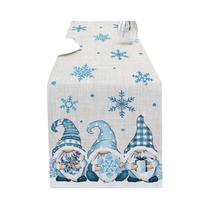 Caminho De Mesa De Linho Com Gnomos De Natal Azuis, Decoração De Floco De Neve De Inverno, Caminho De Mesa De Linho Com Gnomos De Natal Azuis, Decoração De Floco De Neve De Inverno,