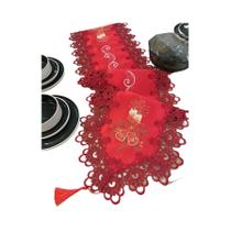 Caminho De Mesa De Natal Vermelho Com Sino E Vela, Bordado À Mão Com Borda De Renda E Fio Dourado,