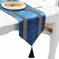 Caminho de Mesa Jiino 33x210 cm Azul em Veludo com Franjas