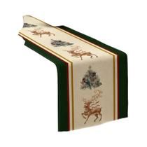 Caminho De Mesa Premium Artesanal Verde, Vermelho E Dourado Com Renas E Árvore Para Decoração De