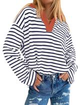 Camisa AKEWEI com gola listrada com decote em V e manga comprida para mulheres Camisa AKEWEI com gola listrada com decote em V e manga comprida para mulheres